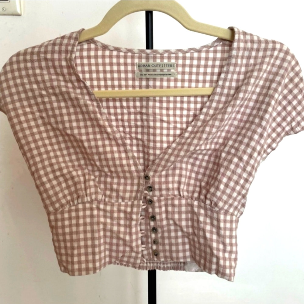 Urban Outfitters Gray and White Fitted Cap Sleeve Crop Blouse - Picture 7 of 8
